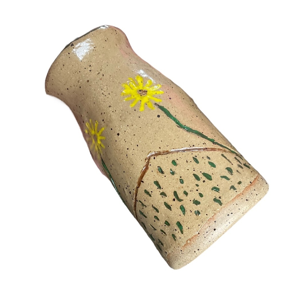 Handmade Studio Pottery Vase with Yellow Flowers Local Artist Stoneware 4 3/16” - Picture 8 of 13